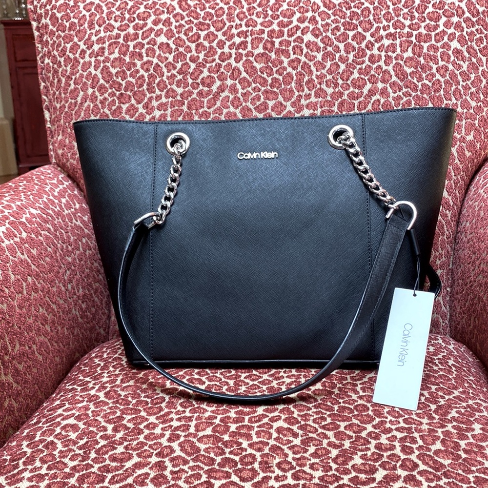 Calvin Klein Saffiano Black Tote with Chain Detail